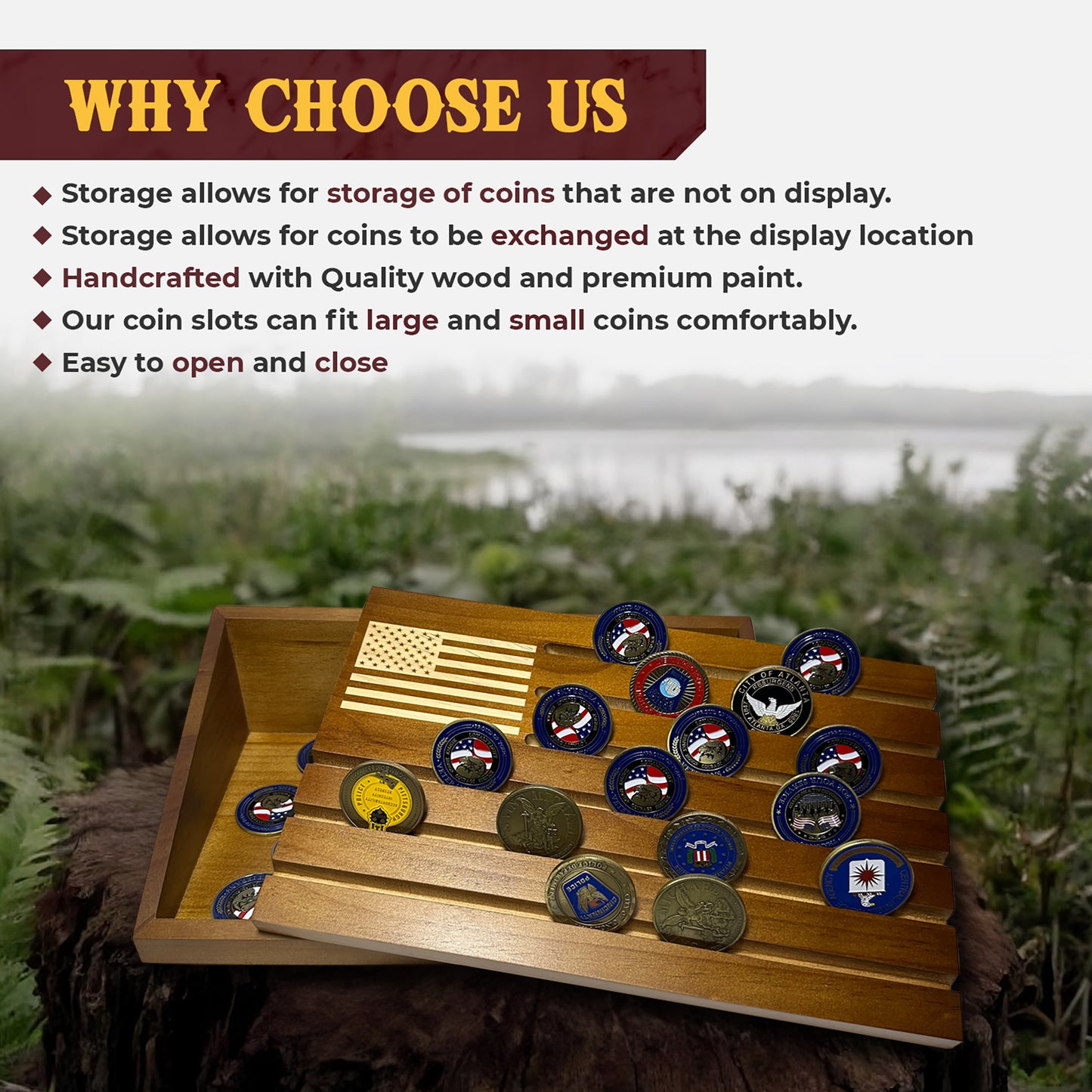 Challenge Coin Display-Challenge Coin Holder-Coin Display Case-Coin Display-Coin Collection Holder-Military Coin Display Case (Wood Stain)